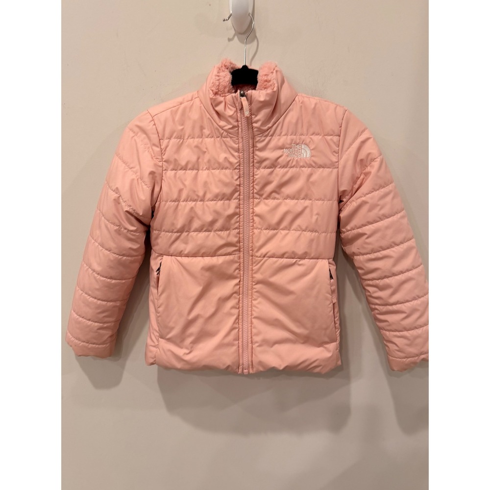 The North Face Girls Reversible Mossbud Swirl Jacket Pink Puffer Fleece S 7/8